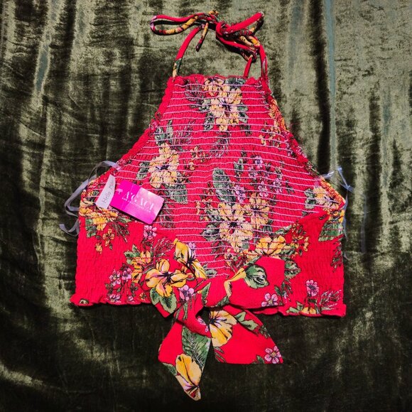 Tropical floral print halter tie back crop top - Picture 2 of 3